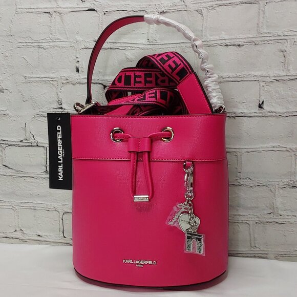 KARL LAGERFELD PARIS 'ADELE' BUCKET STYLE HANDBAG W/ LOGO WEBBING STRAP - Picture 7 of 16